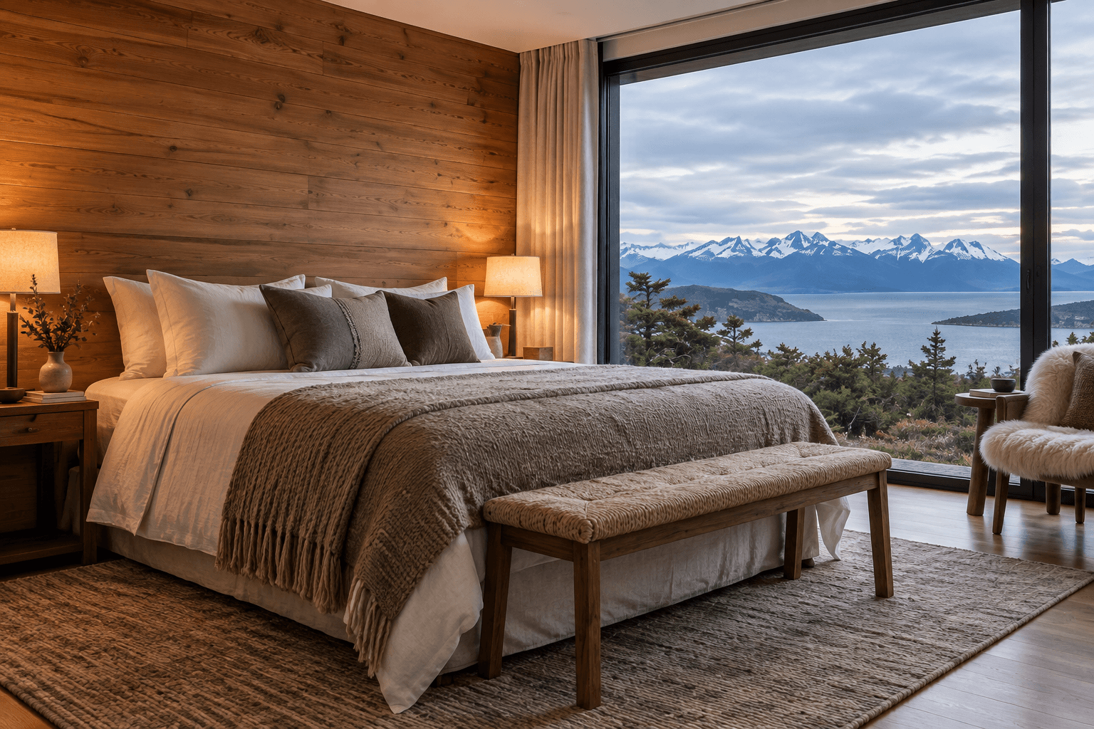 Habitación con vista al Beagle, estilo hotel fueguino